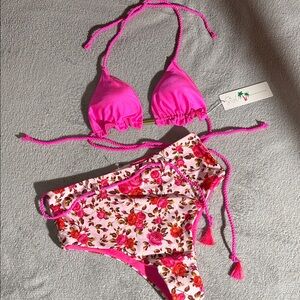 Bright Pink Floral Tie-Side Bikini Set